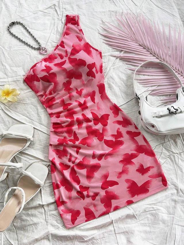 red butterfly print asymmetrical ruched mini dress