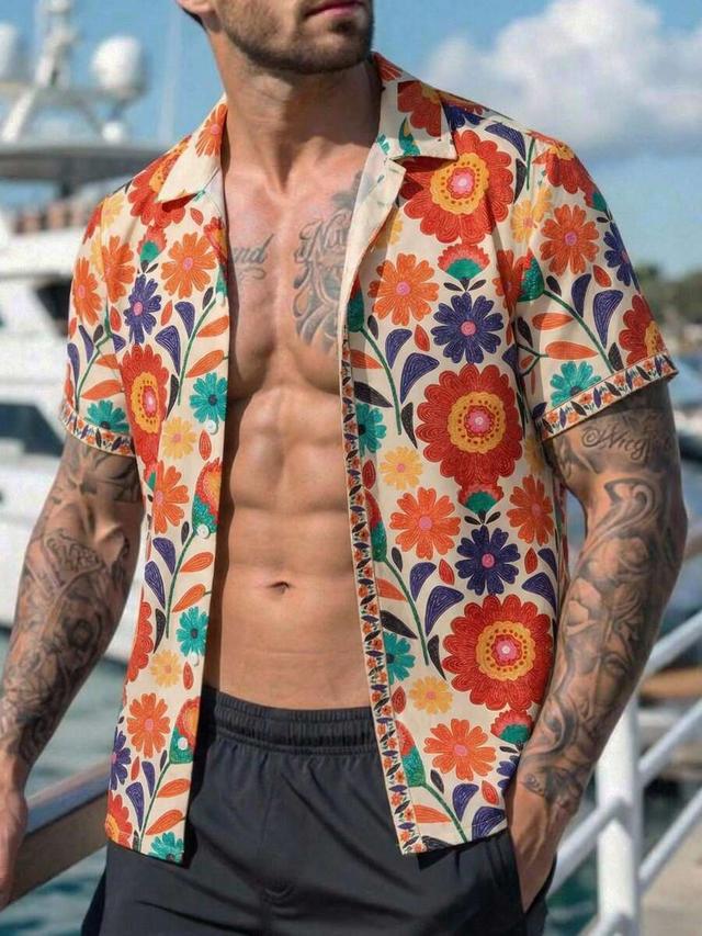 beige tropical floral print short sleeve button shirt