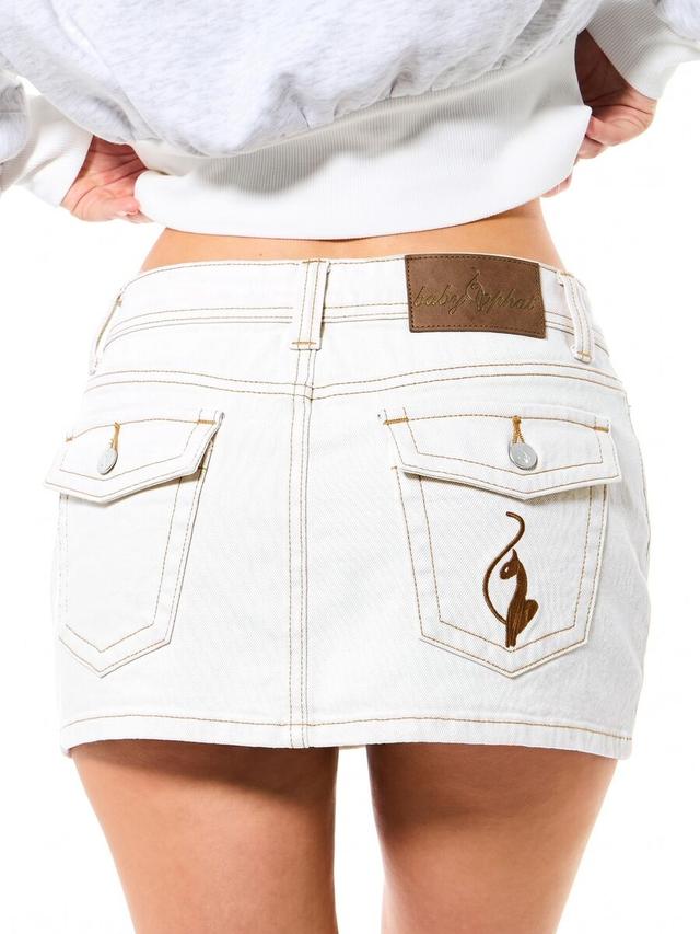 white denim mini skirt with embroidered cat logo