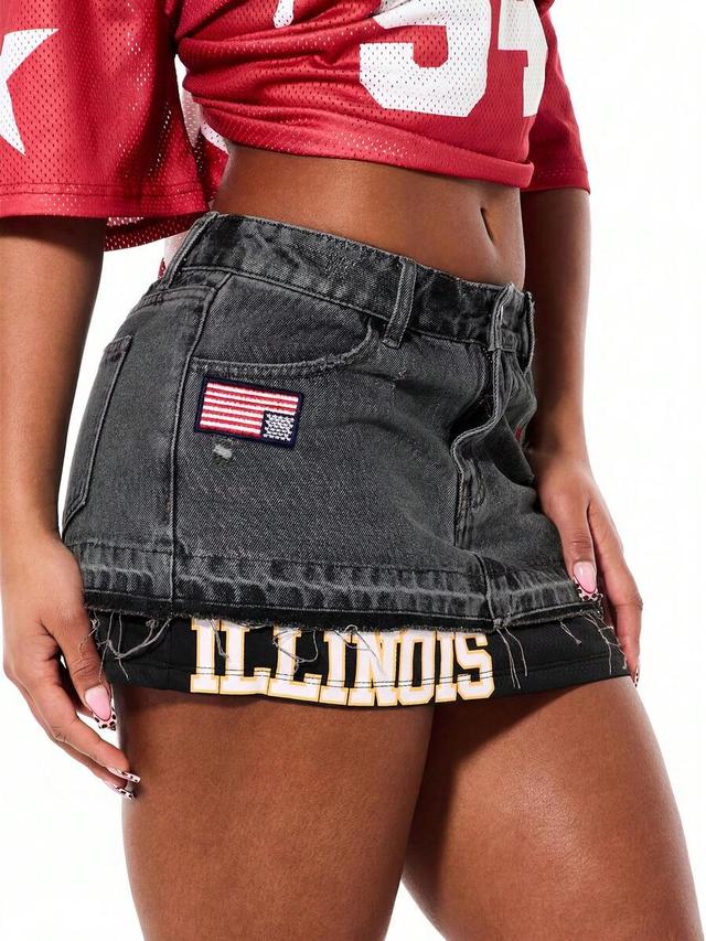 distressed denim mini skirt with basketball inspired graphic patch