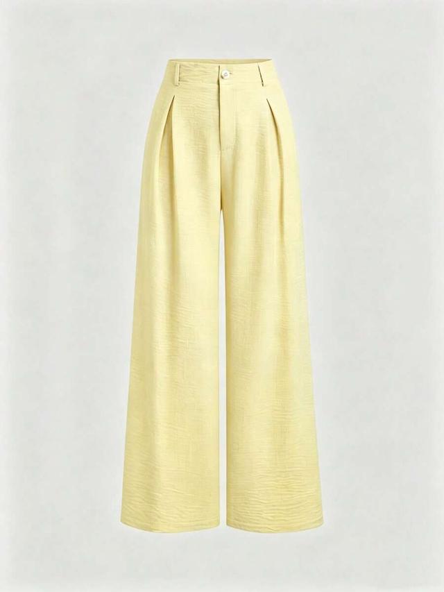yellow woven faux linen pleated wide leg pants