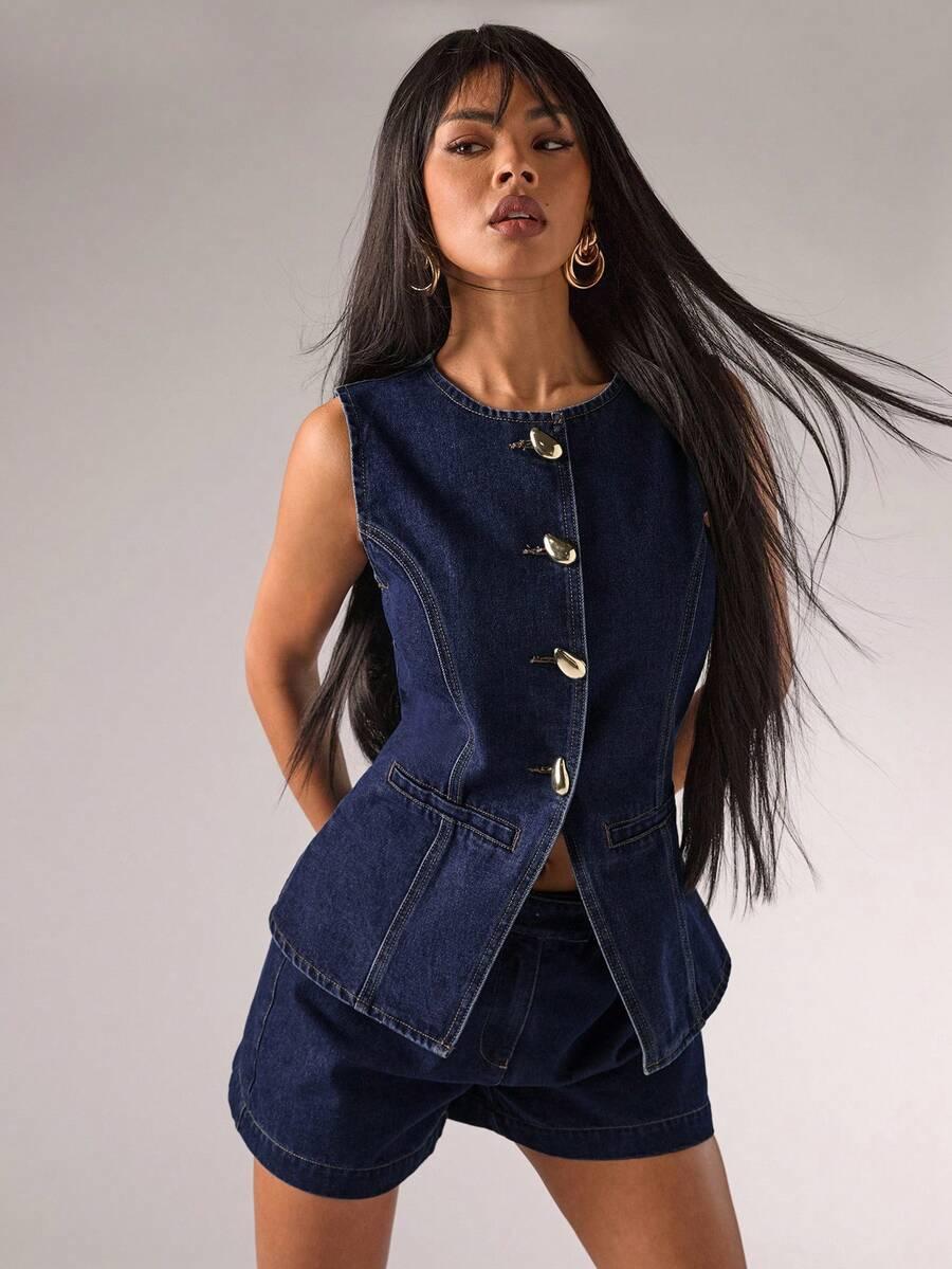 dark wash denim sleeveless tailored vest