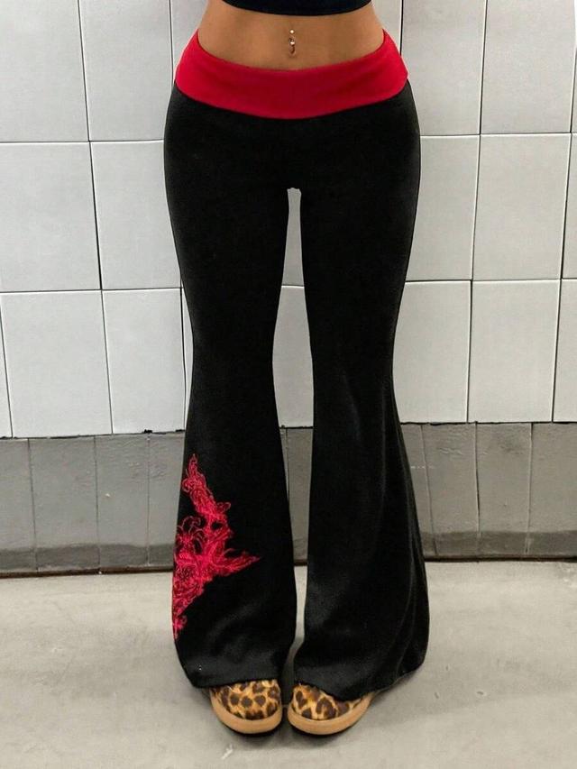 black and red contrast print y2k flare pants