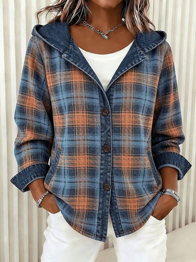 women's denim spliced hooded plaid coat