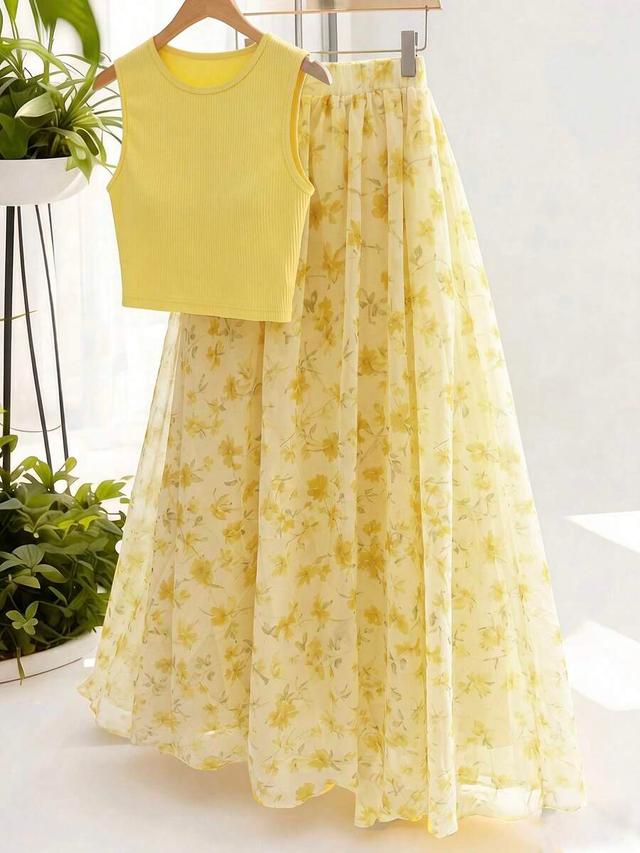 gloweve casual elegant yellow floral print camisole and skirt set