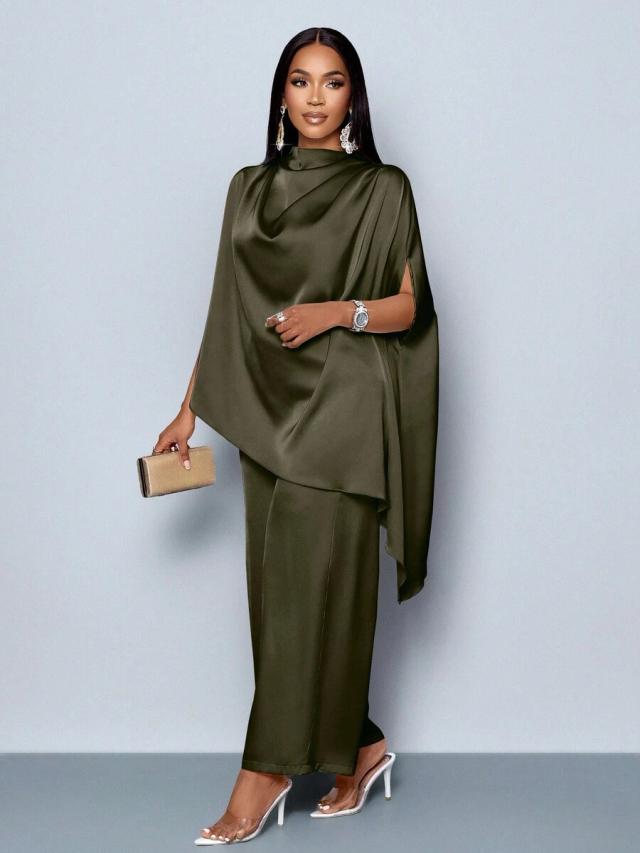 elegant olive green satin mock neck batwing blouse