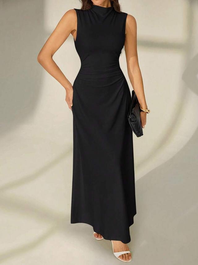 black sleeveless stand collar ruched a-line maxi dress