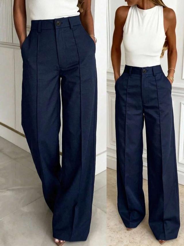 navy blue straight leg tailored suit trousers