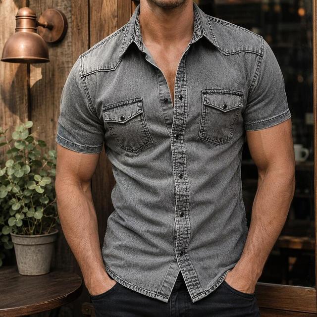 men's washed grey denim point collar short sleeve shirt