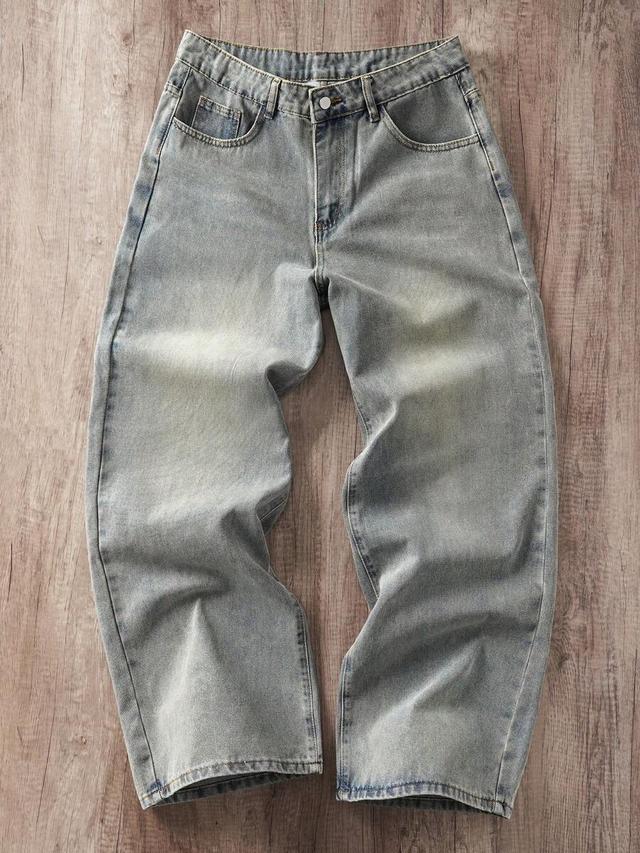 men's washed distressed wide leg jeans with wing print