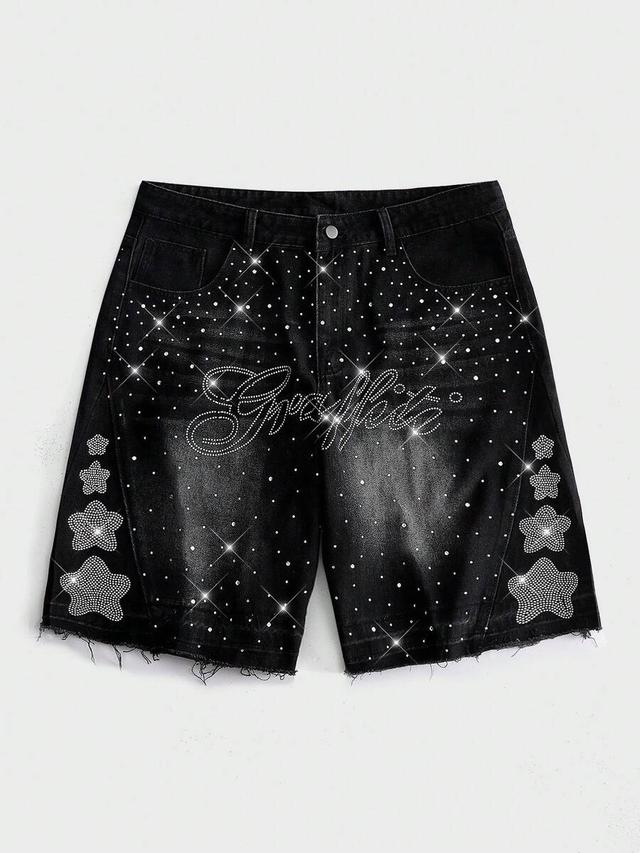 washed black denim shorts with rhinestone star detailing