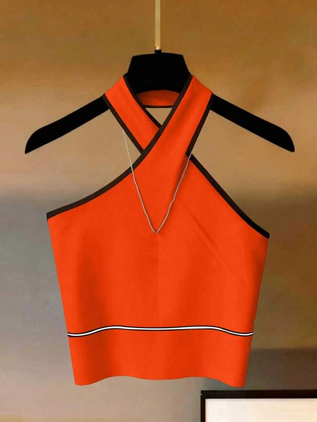 red orange halter neck tank top with black trim