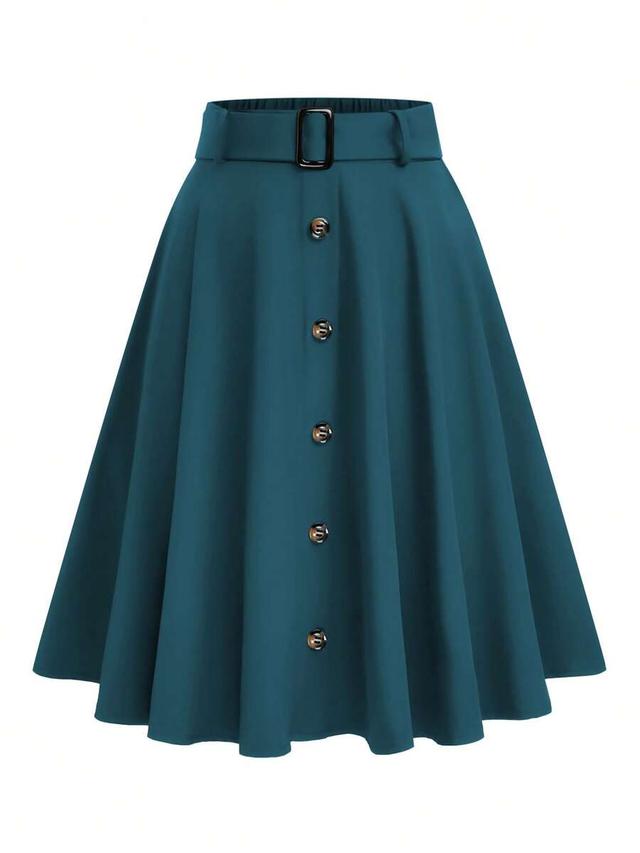 teal a-line midi skirt with decorative button front