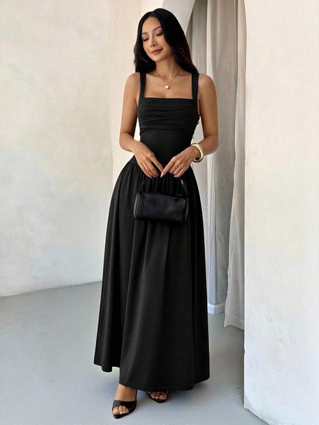 solid black square collar flared ankle length dress