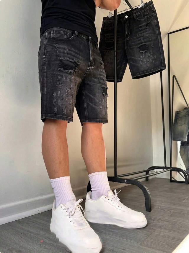 distressed black denim knee length casual shorts