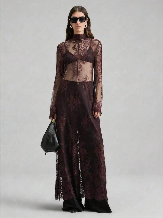 burgundy lace long dress with waist-cinched silhouette
