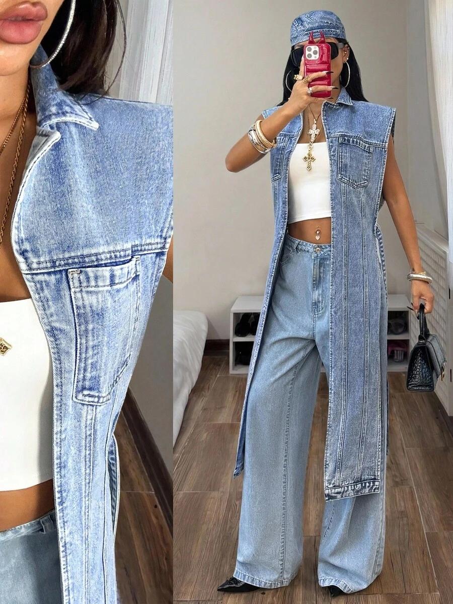 light wash denim sleeveless vest jacket