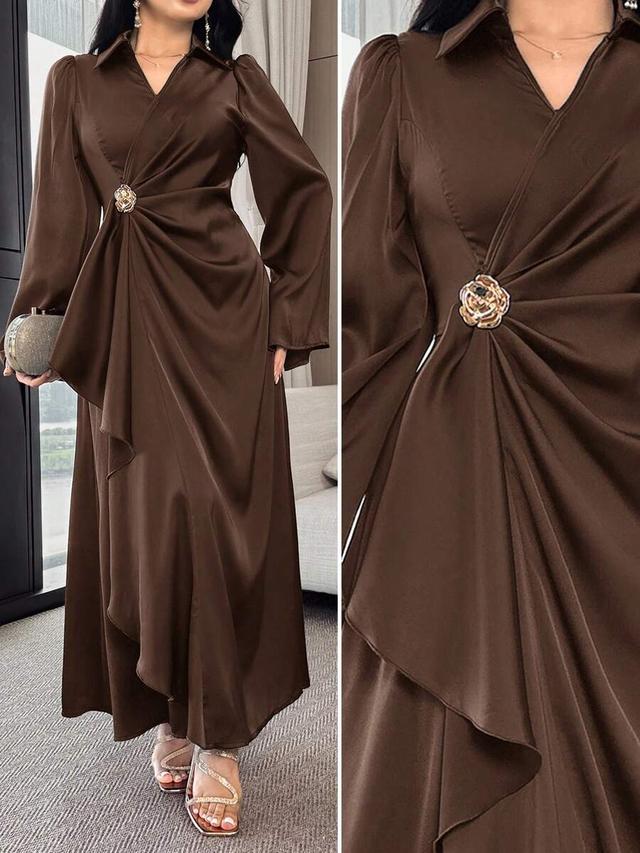 brown elegant surplice collar draped long dress