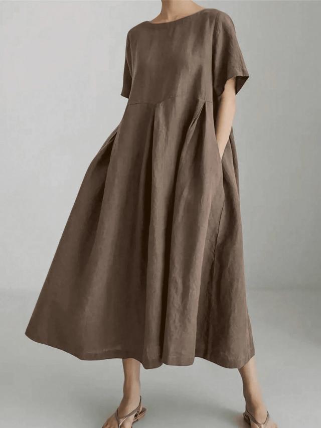 women's elegant simple loose comfortable brown linen dress