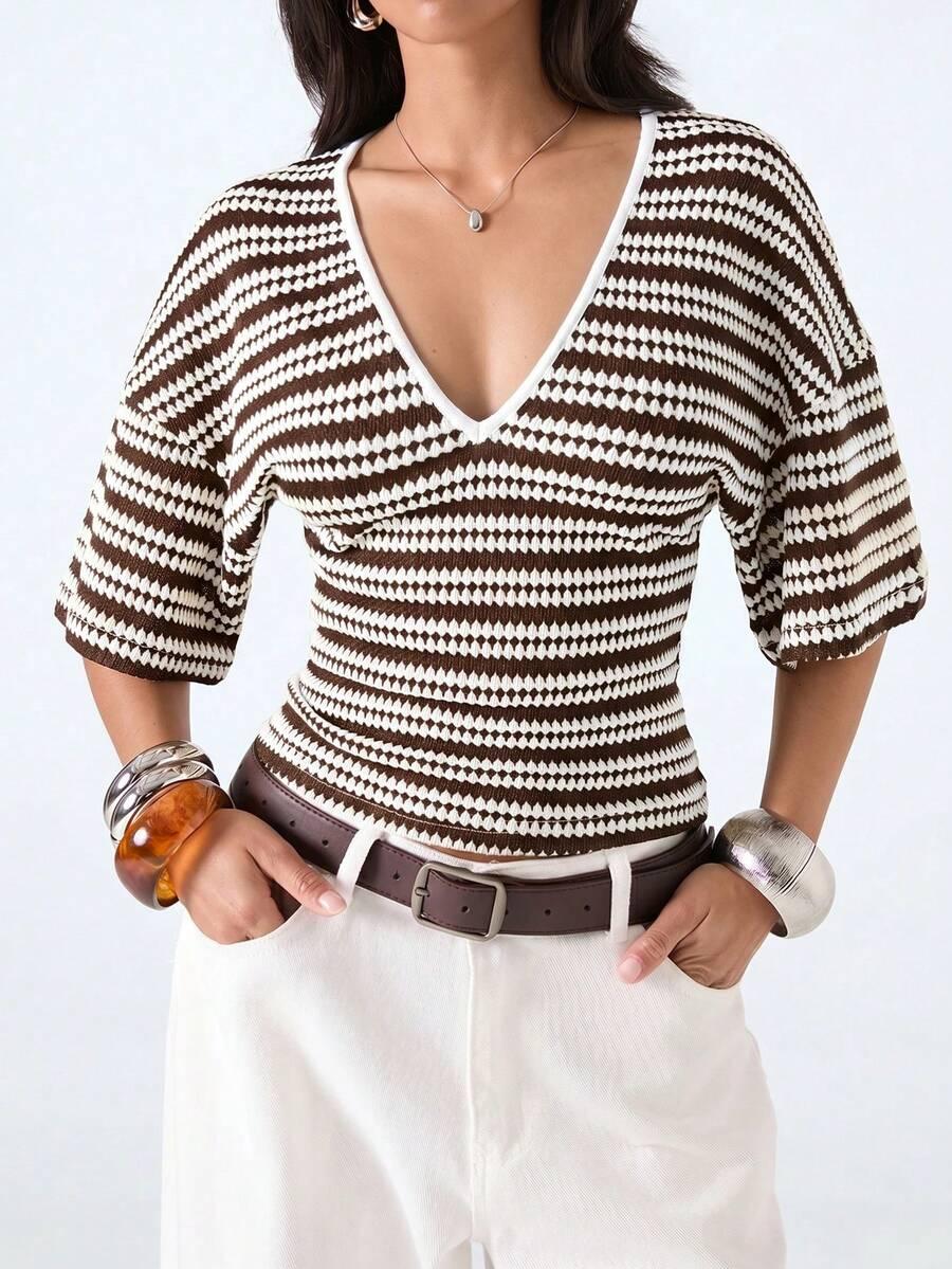 brown and white striped deep v-neck knit top