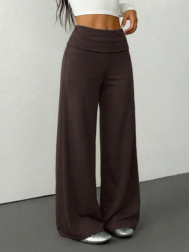 brown rib-knit wide leg high waist pants