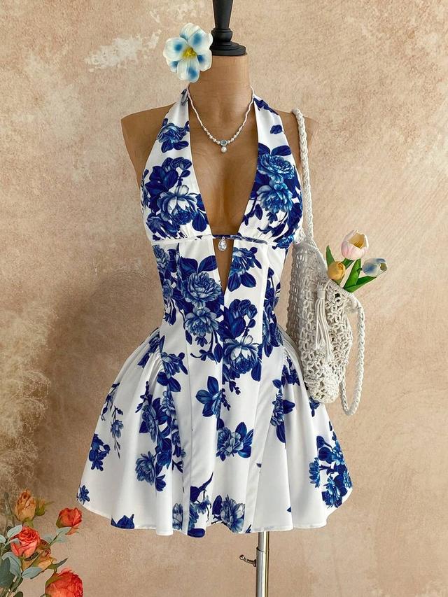 blue and white floral halter neck mini dress