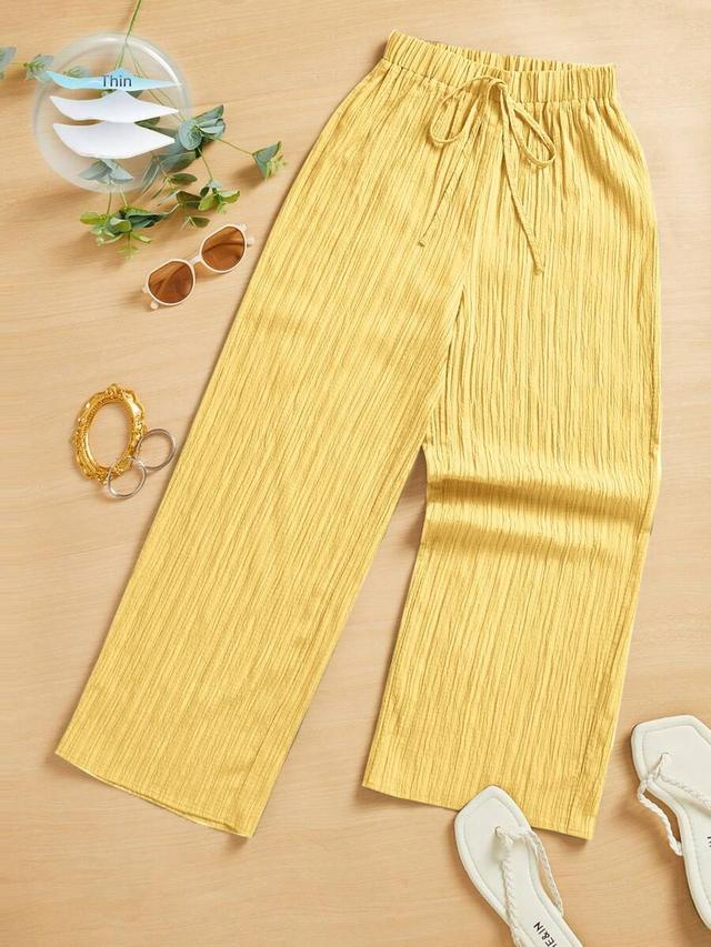 yellow textured wide leg casual capri pants