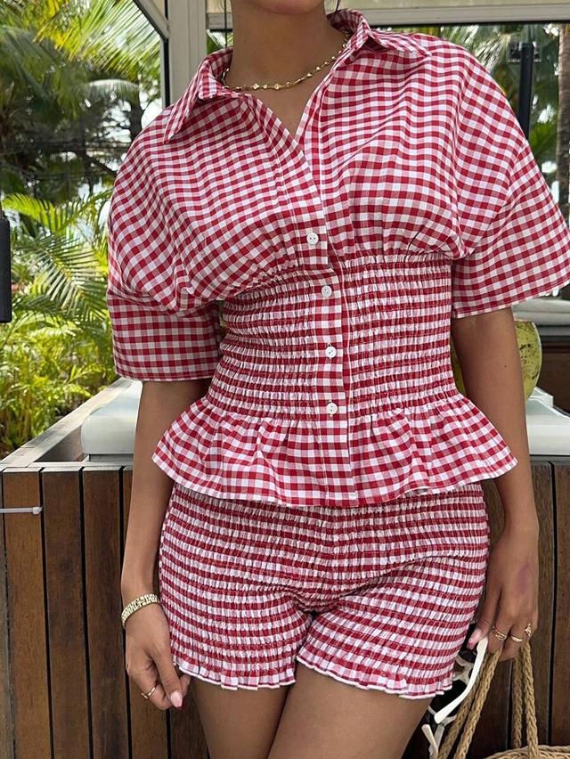 red gingham check shirt blouse with smocked waist