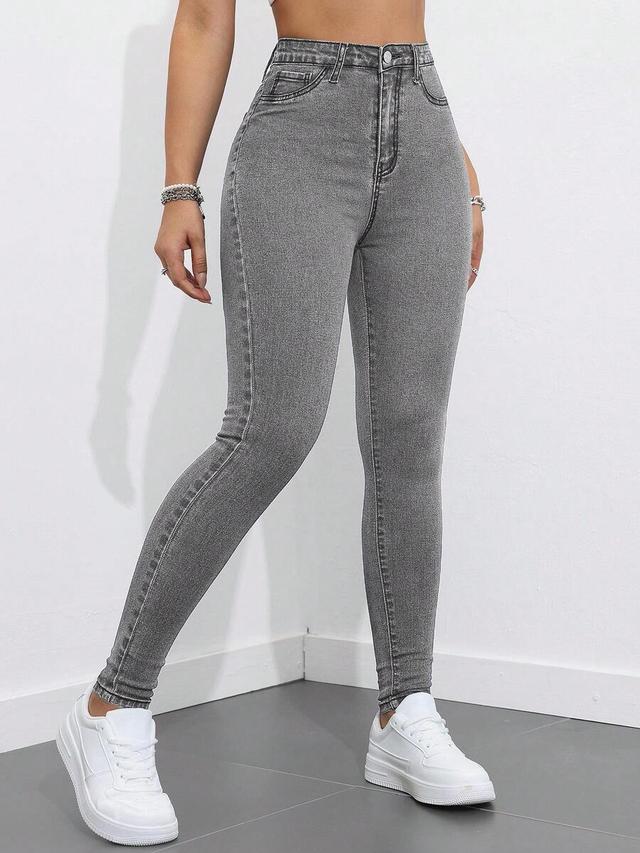 high waisted grey skinny denim jeans