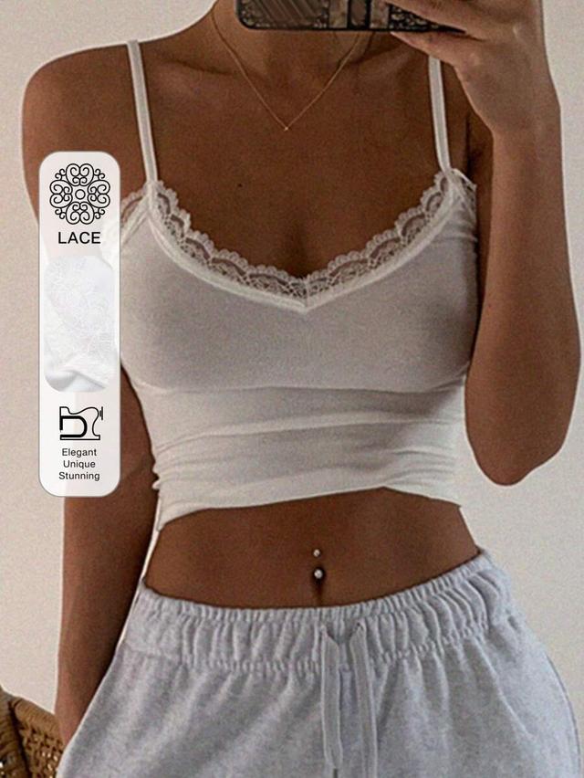 white lace trim cami crop top