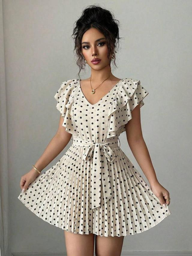 ruffled v-neck pleated polka dot a-line dress