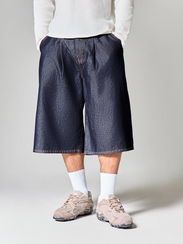 raw wash pleated baggy denim jorts
