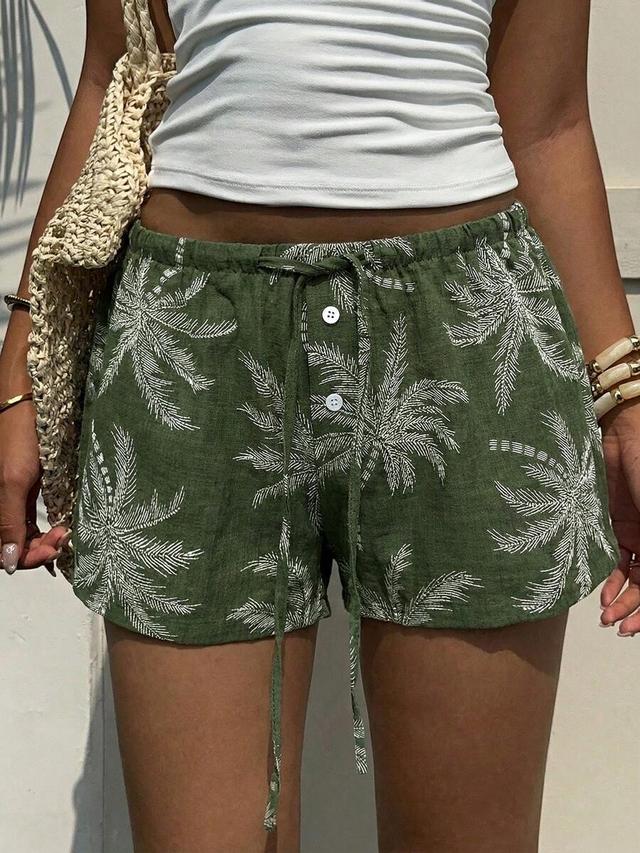 green palm tree embroidered linen blend shorts