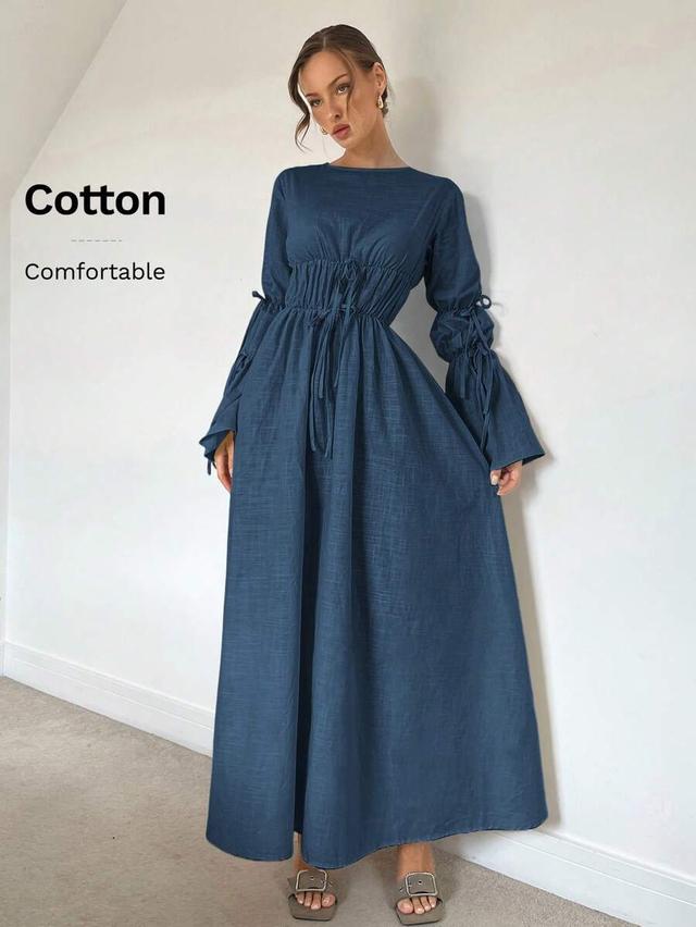 dusty blue cotton modest lantern sleeve maxi dress