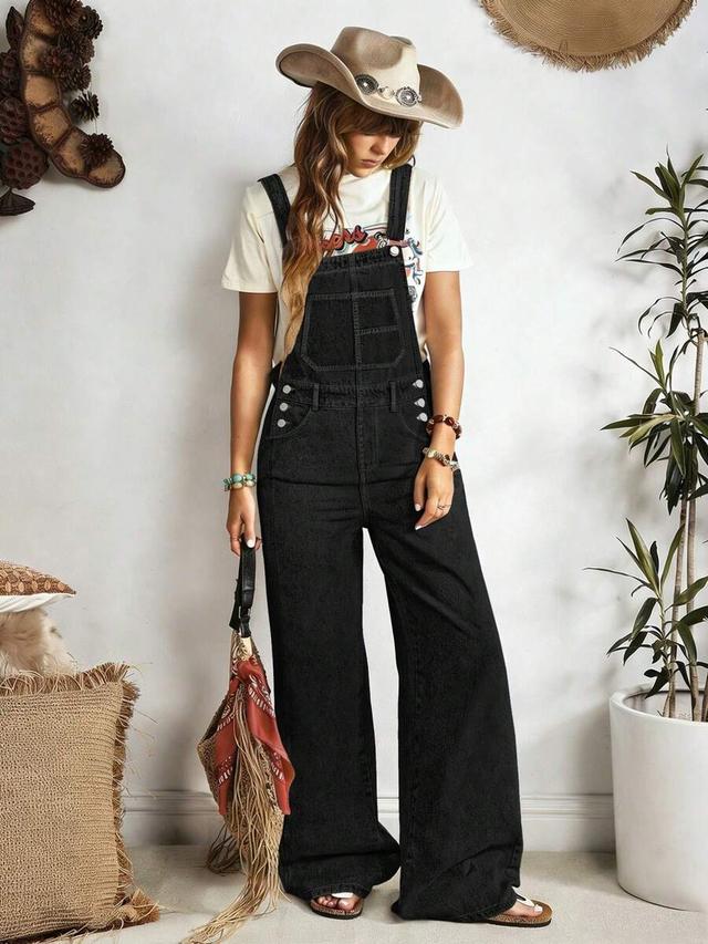 black denim wide leg casual overalls