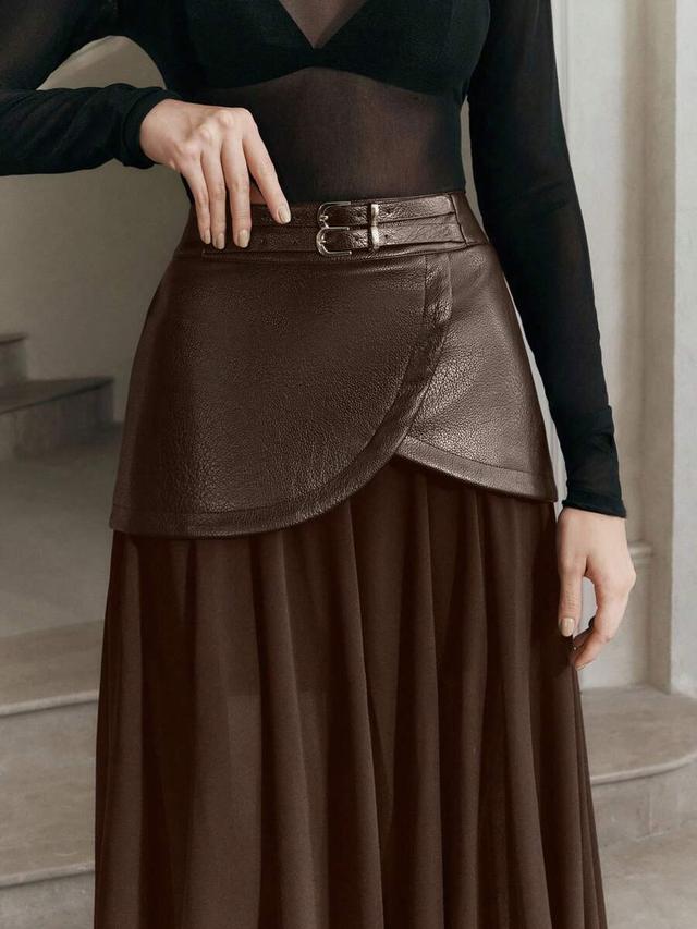 modern chic brown faux leather and chiffon patchwork skirt
