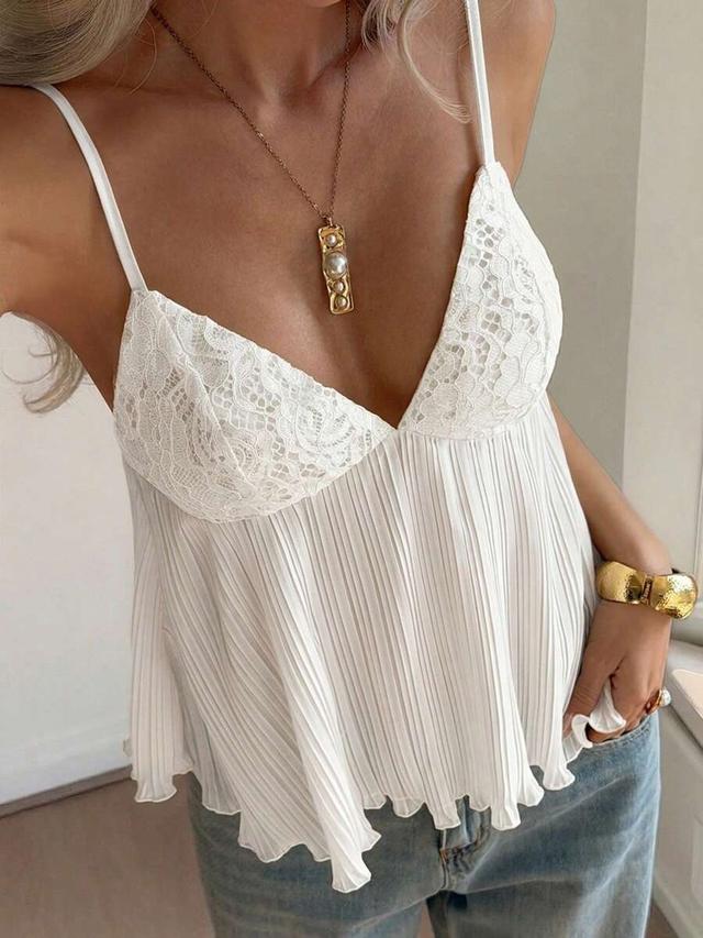 white pleated camisole tank top with lace trim