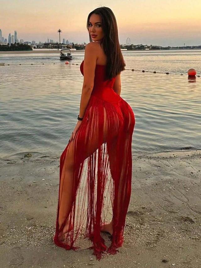 glam black strapless fringe maxi dress