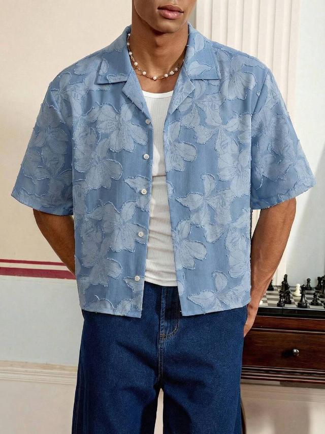 blue floral jacquard textured cuban collar shirt