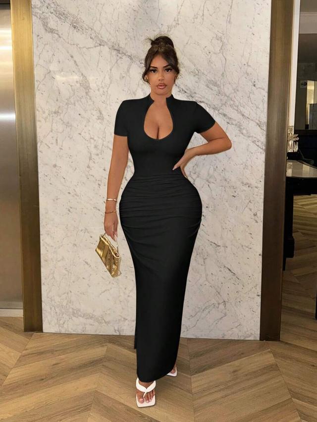 black deep v-neck ruched short sleeve bodycon dress