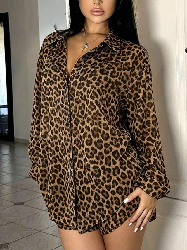 leopard print button-down shirt and matching shorts set