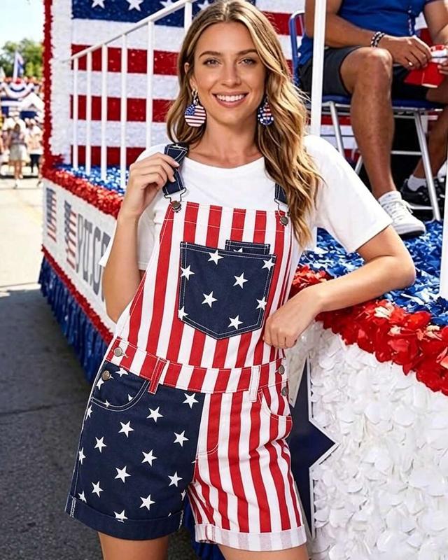 american flag denim star print suspender shorts