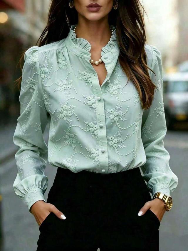 mint green floral embroidered long sleeve blouse