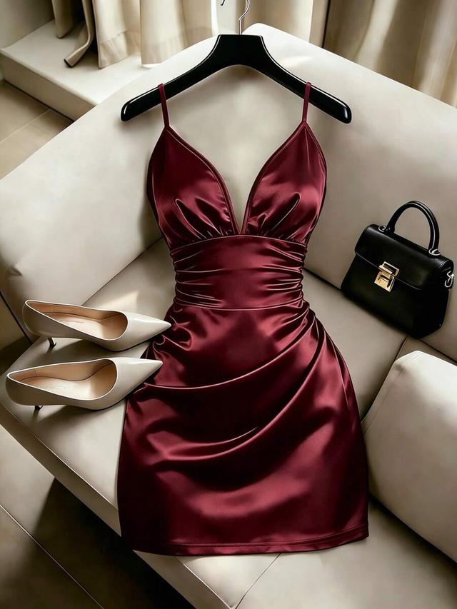 burgundy satin ruched spaghetti strap mini dress