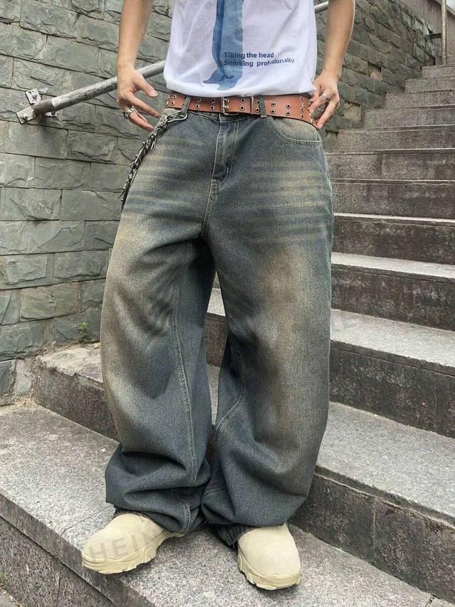 manfinity emrg men's casual distressed wide leg baggy jeans