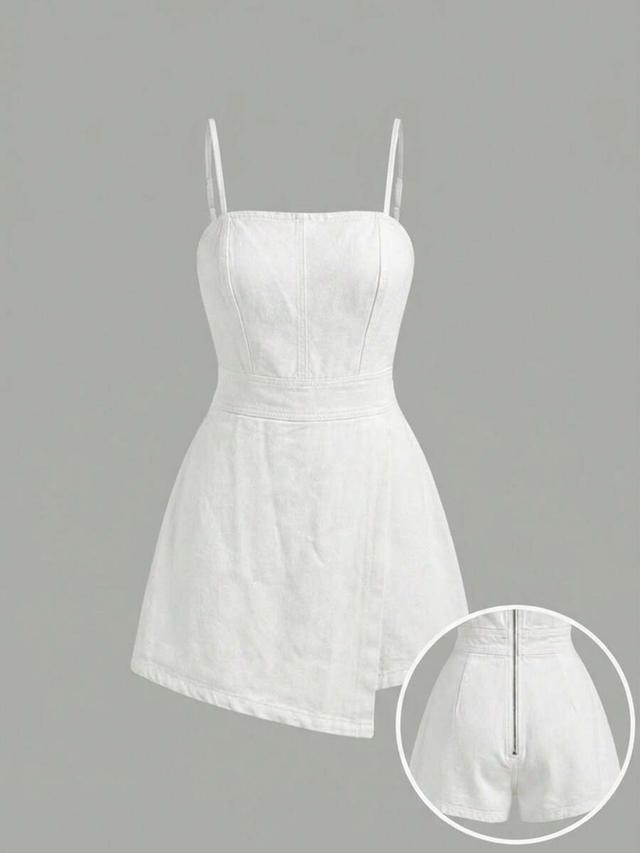 solid white asymmetric hem denim jumpsuit