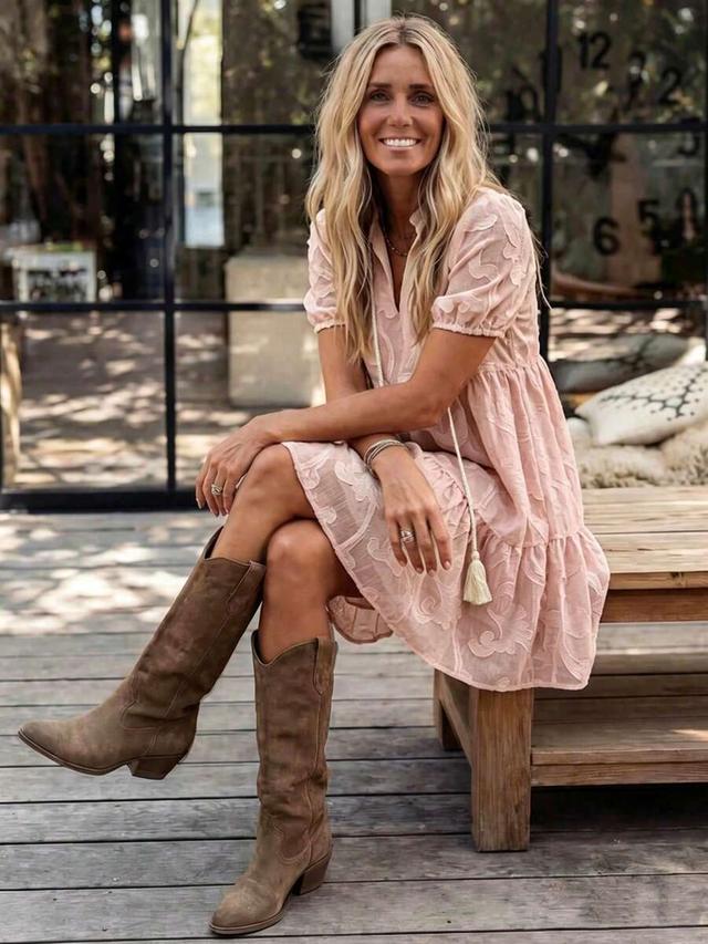 blush pink embroidered tiered smock dress