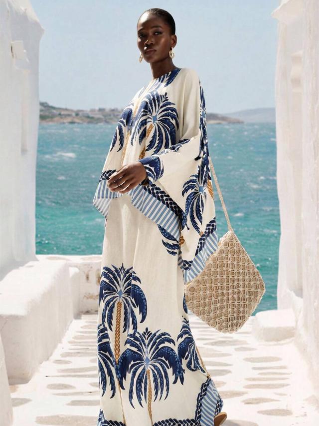 artistic white base blue palm tree print poncho set