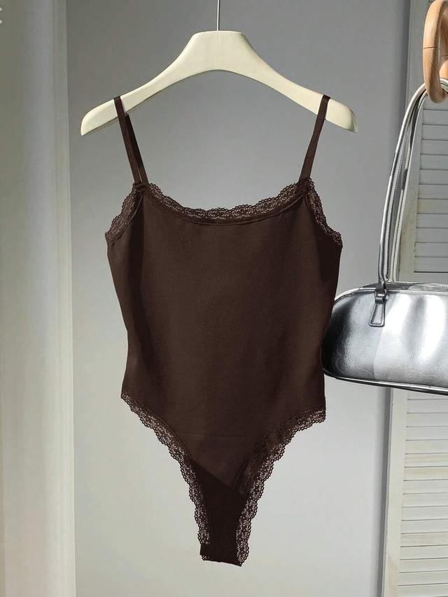 brown lace trim casual daily wear bodysuit
