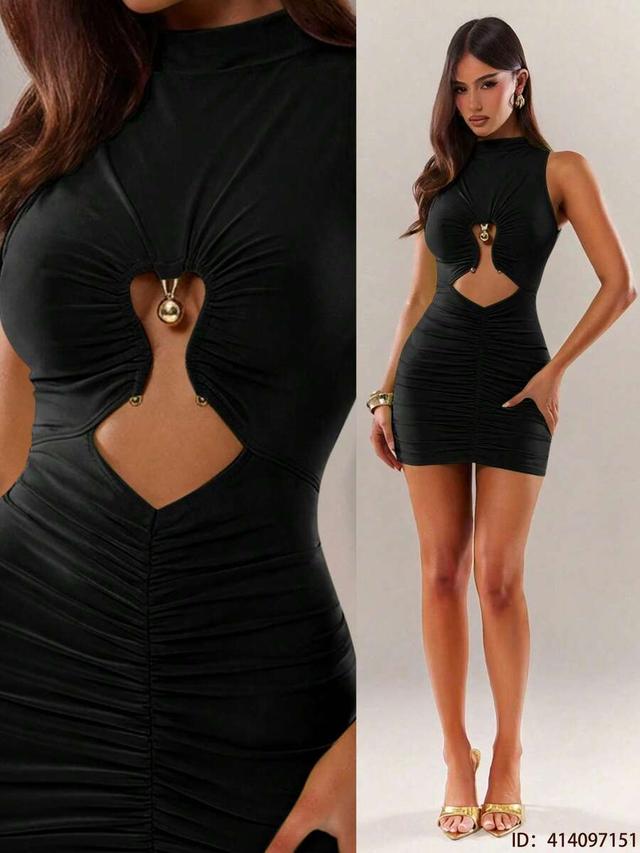 black sleeveless bodycon mini dress with heart cutout